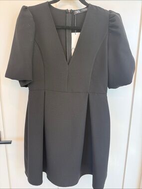 Zara Black V-Neck Puff Sleeve Mini Dress